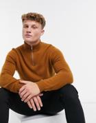 Asos Design Lambswool Half Zip Sweater In Tobacco-brown