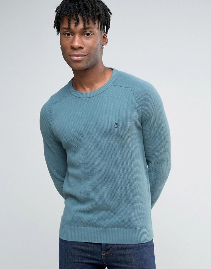 Original Penguin Crew Sweater Honeycomb Texture Knit In Blue - Blue