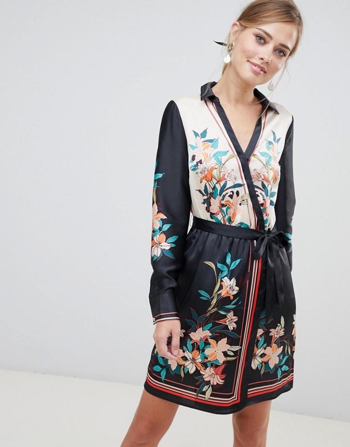 Oasis Wrap Front Shirt Mini Dress In Scarf Print - Multi