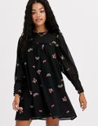 Asos Design Smock Mini Dress With All Over Embroidery-black