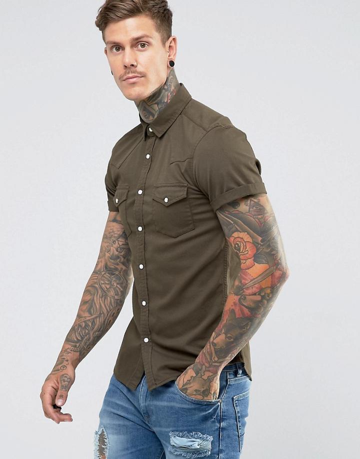Asos Skinny Denim Western Shirt In Khaki - Green