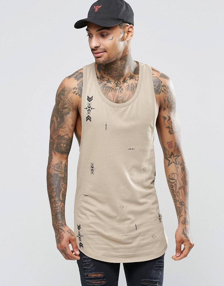 Asos Longline Tank With All Over Geo-tribal Print And Extreme Racer Back - Beige