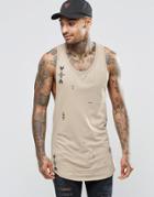 Asos Longline Tank With All Over Geo-tribal Print And Extreme Racer Back - Beige
