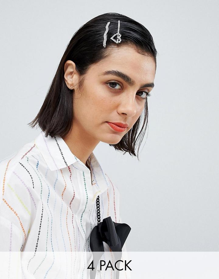 Asos Design Pack Of 4 Crystal Hair Grips In Silver - Silver