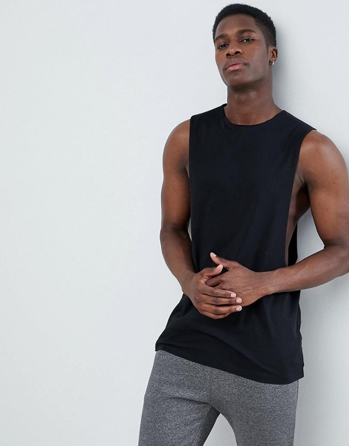 Asos Design Longline Tank With Extreme Dropped Armhole And Raw Edge In Black - Black
