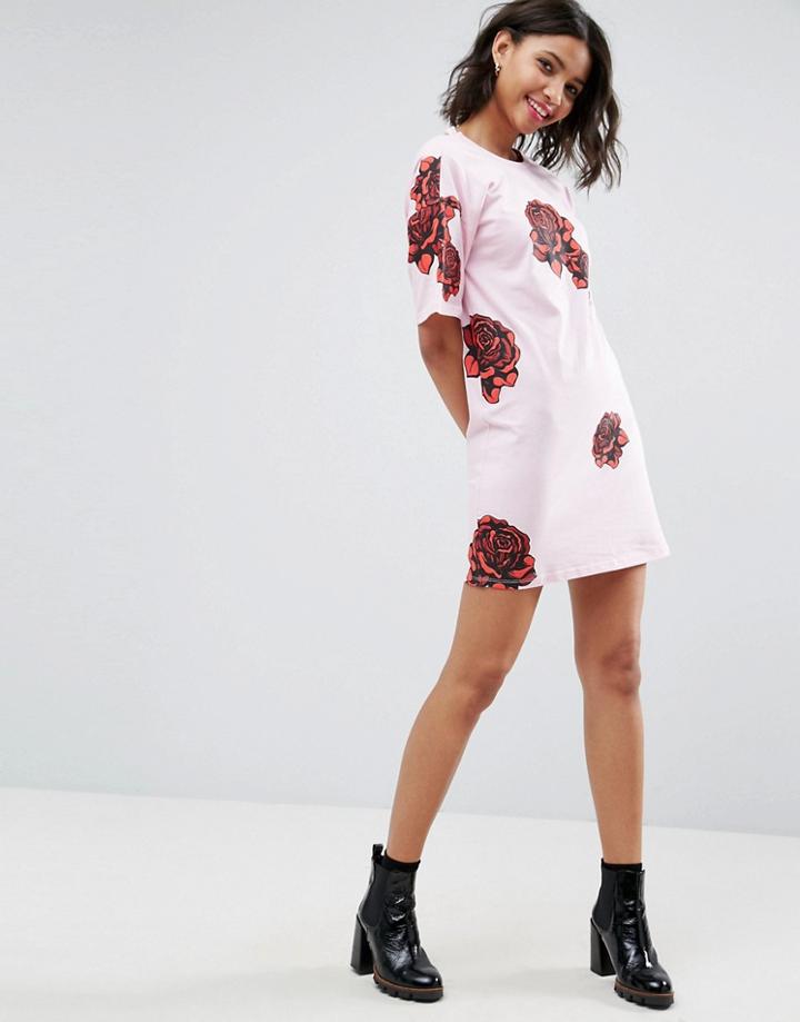 Asos V Back T-shirt Dress In Rose Print - Pink