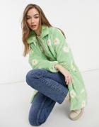 Daisy Street Longline Coat In Daisy Print Faux Fur-green