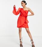 Collective The Label Petite One Shoulder Bow Waist Organza Mini Dress In Red
