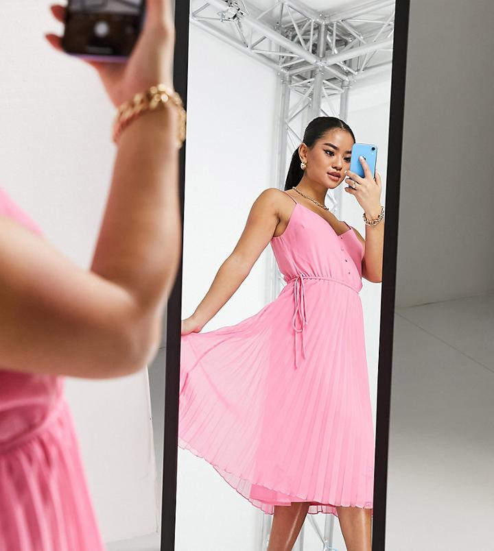 Asos Design Petite Button Front Pleated Cami Midi Dress With Drawstring Waist In Sugar Pink