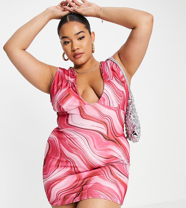 Public Desire Curve Double Layer Slinky Plunge Mini Dress In Fuchsia Swirl-pink