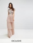 Maya Cape Sleeve Tiered Maxi Dress In Tonal Delicate Sequin With Bow Back - Brown