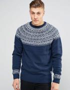 Bellfield Crew Neck Jacquard Knitted Sweater - Navy