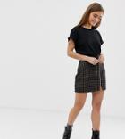 Asos Design Petite Ponte Mini Skirt With Zip Front In Brown Check-multi