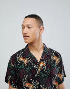Brave Soul Short Sleeved All Over Tiger Print Shirt With Rever Collar - Black