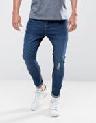 Bershka Super Skinny Jeans With Rips In Dark Blue - Blue