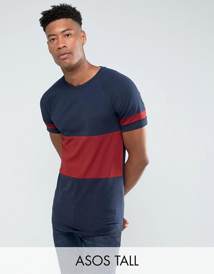 Asos Tall Longline Muscle T-shirt With Color Block Panelling And Curve Hem In Navy - Navy