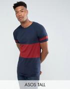 Asos Tall Longline Muscle T-shirt With Color Block Panelling And Curve Hem In Navy - Navy