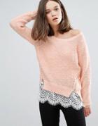 Only Knit Side Zipped Sweater With Lace Underlayer - Pink