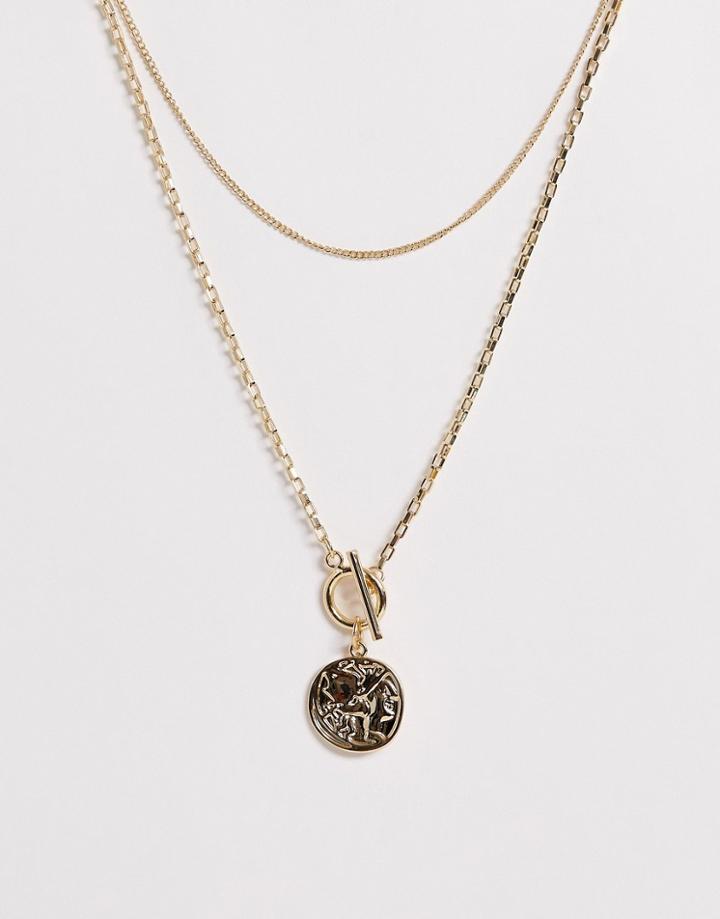 Pieces Double Layer Roman Pendant Necklace - Gold