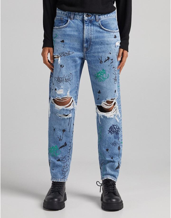 Bershka Straight Ripped Jeans With Graffiti Print In Blue-blues