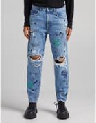 Bershka Straight Ripped Jeans With Graffiti Print In Blue-blues