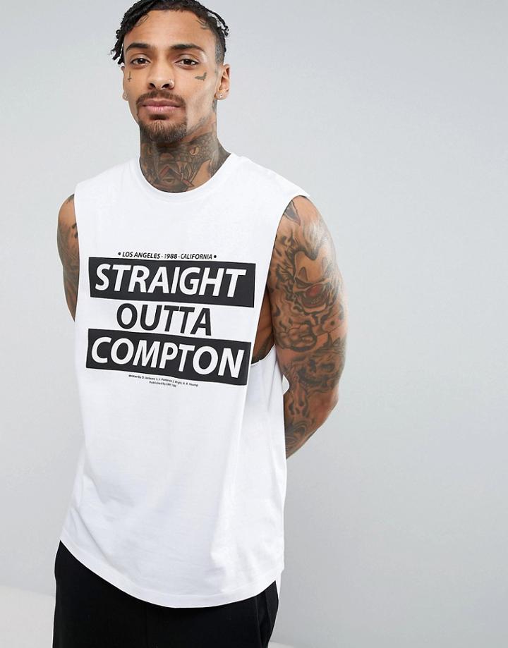 Asos Straight Outta Compton Sleeveless T-shirt With Dropped Armhole - White