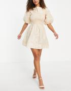 Asos Design Jacquard Shirred Mini Skater Dress With Bow Back And Puff Sleeves In Beige-neutral