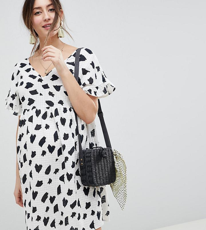 Asos Design Maternity V Front V Back Smock Mini Dress In Brush Stroke Print - Multi