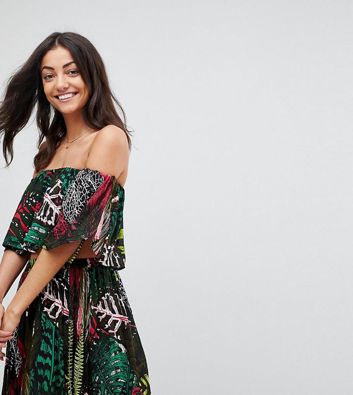 Asos Design Tall Frill Beach Two-piece Top In Dark Tropical Print-multi