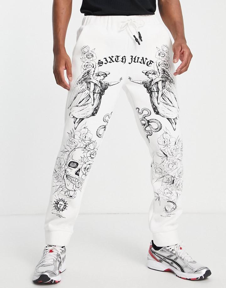 Sixth June Jersey Sweatpants In White With All Over Tattoo Print - Part Of A Set