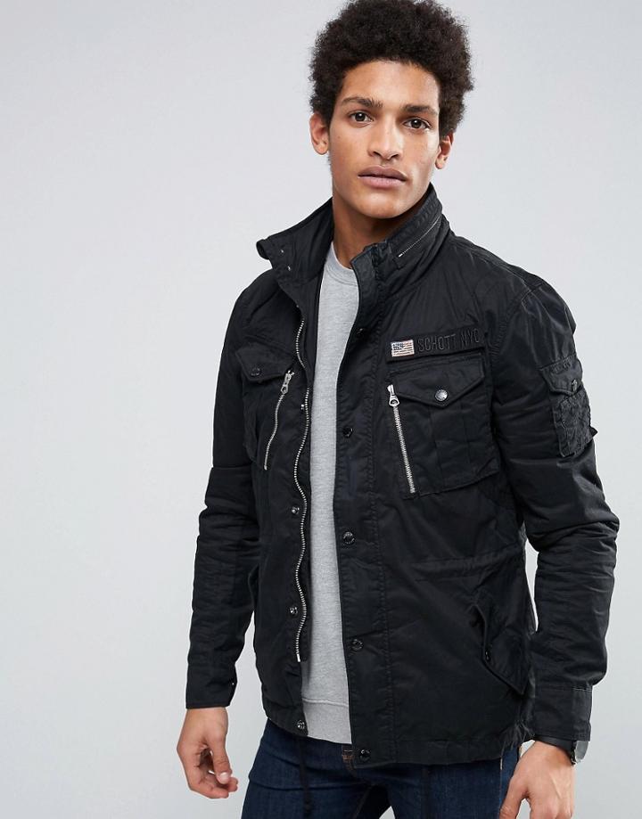 Schott Squad Miltary Overshirt Jacket Concealed Hood In Black - Black