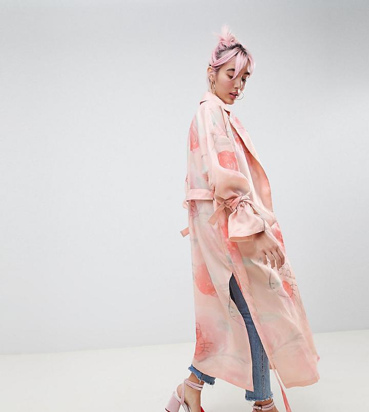 Hello Kitty X Asos Design Trench Duster Coat In Floral Print - Pink
