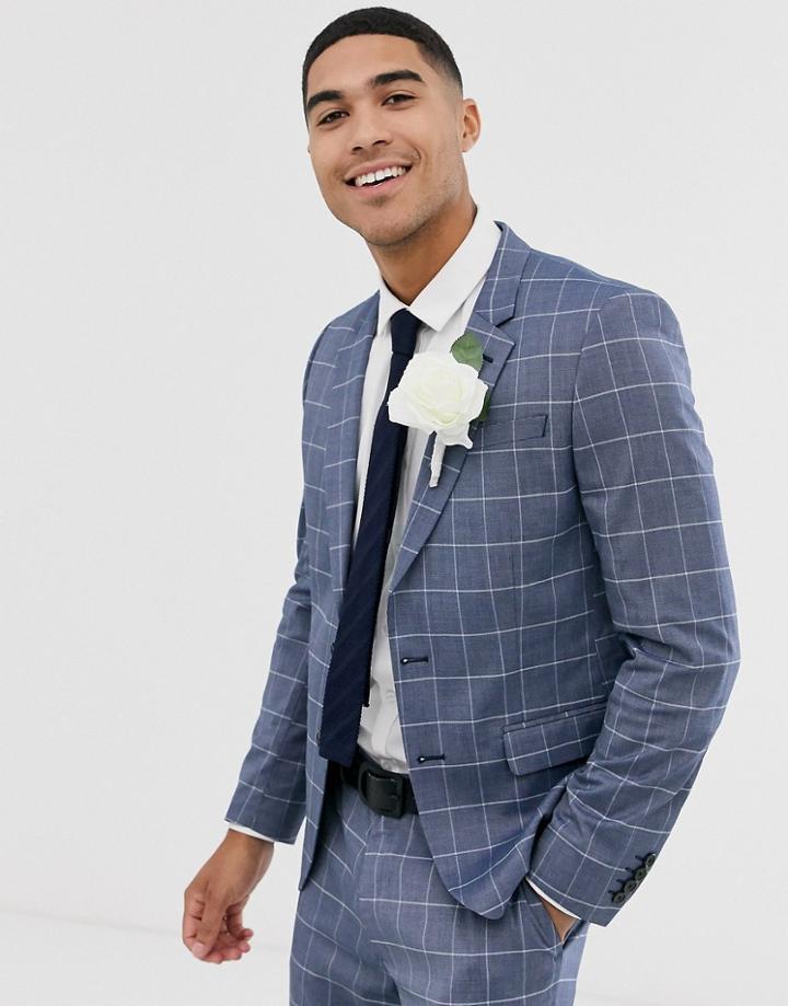 Asos Design Slim Suit Jacket In Linen Blue Check