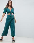 Asos Design Tea Jumpsuit With Cut Out And Tie Detail In Linen - Blue