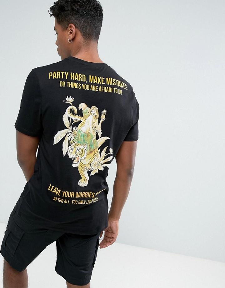 Asos Longline T-shirt With Souvenir Print And Text Embroidery - Black