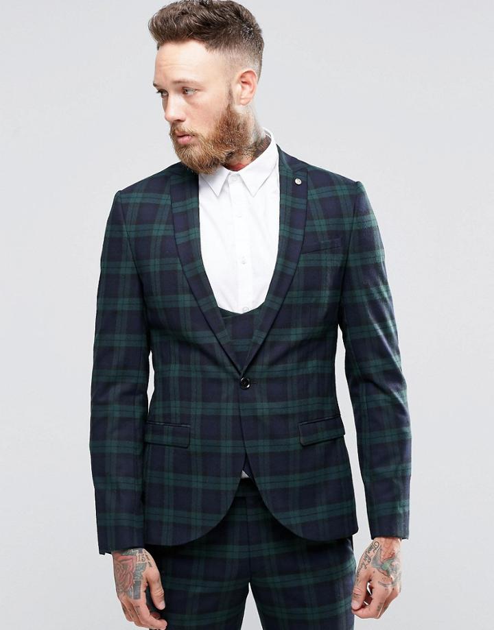 Noose & Monkey Super Skinny Suit Jacket In Plaid With Stretch - Green