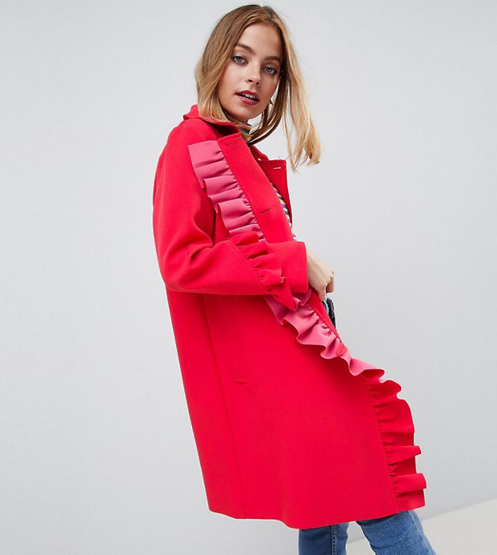 Asos Design Petite Frill Bonded Coat - Red