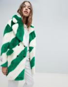 Jakke Double Breasted Mid Length Faux Fur Coat In Diagonal Stripe - Green