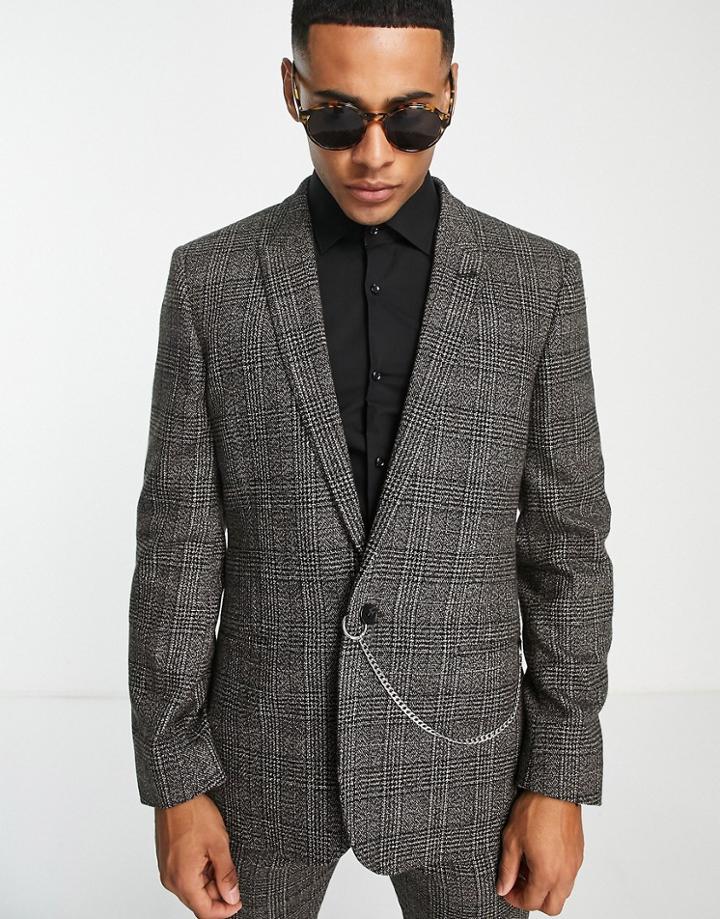 Asos Design Skinny Suit Jacket In Brown Check With Chain Detail