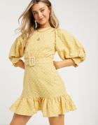 Asos Design Broderie Puff Sleeve Mini Dress With Pephem And Eyelet Back In Mustard-yellow