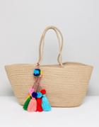 America & Beyond Muti Colored Tassel Jute Beach Bucket Bag - Multi