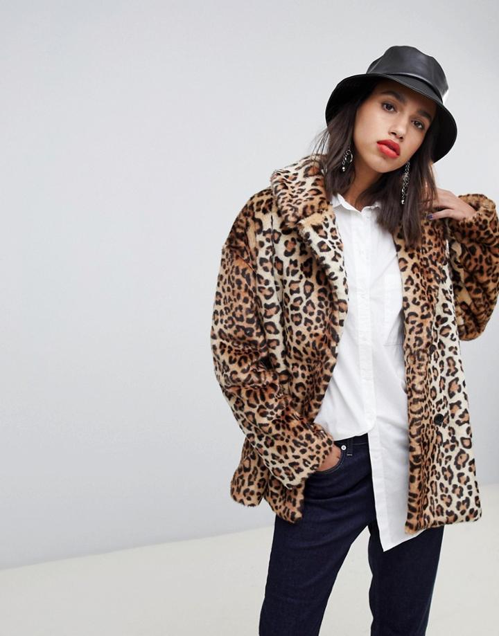 Stradivarius Leopard Double Breasted Faux Fur Coat - Multi