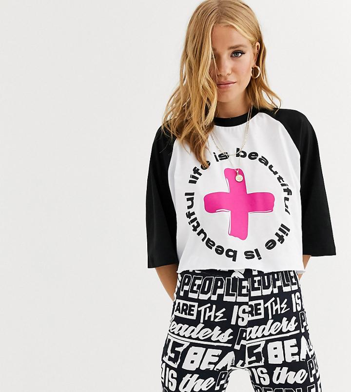 Life Is Beautiful Cropped T-shirt With Printed Logo - White