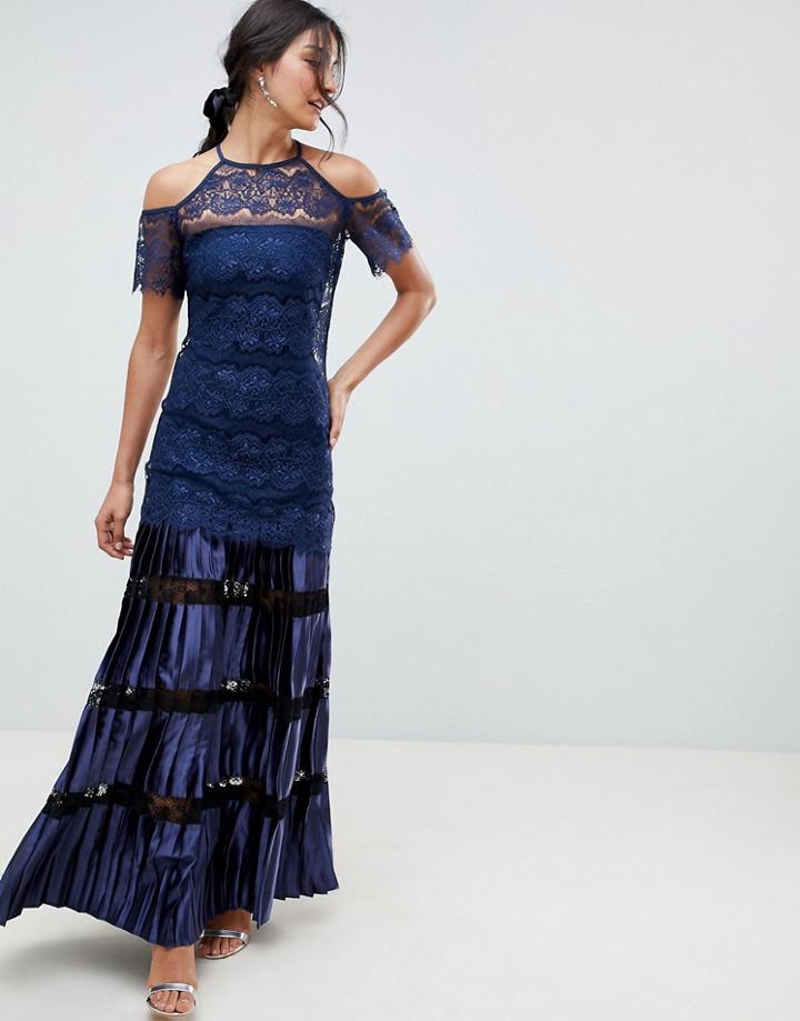 Bodyfrock Cold Shoulder Lace Maxi Dress With Pleated Skirt-navy