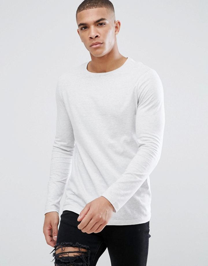 Asos Design Crew Neck T-shirt With Long Sleeves In Gray - Gray