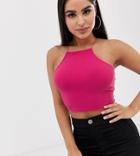 Asos Design Petite Crop Top With High Neck And Skinny Straps In Pink