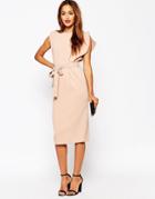 Asos Belted Midi Dress With Split Cap Sleeve And Pencil Skirt - Pink