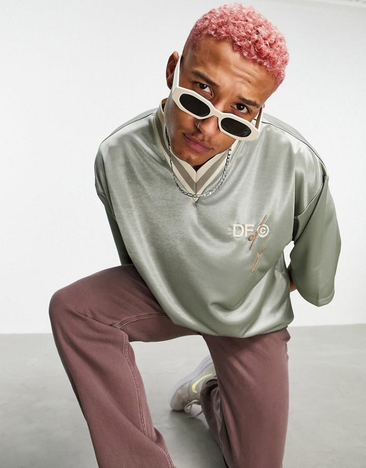 Asos Dark Future Oversized Satin V-neck T-shirt With Logo And Tipping In Khaki-grey