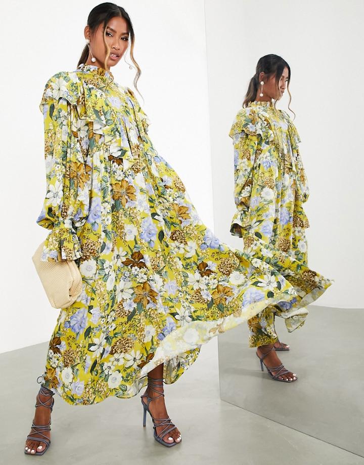 Asos Edition Oversized Maxi Dress With Ruffle In Yellow Floral Print-multi