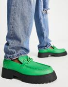 Asos Design Chunky Loafer In Green Faux Leather With Chain Detail And Contrast Sole